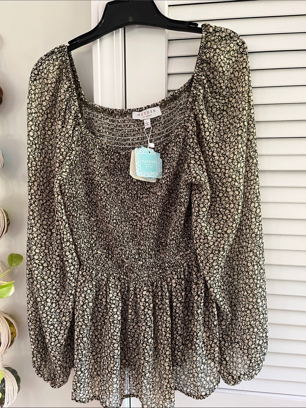 Hayden Olive Green and Cream Floral Smocked Peplum Top